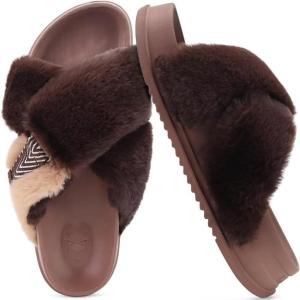 imageKuaiLu Womens Fuzzy Cross Band Platform Slippers Comfortable Faux Fur Open Toe Arch Support Slides Slippers for Indoor OutdoorBrown