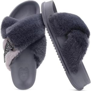 imageKuaiLu Womens Fuzzy Cross Band Platform Slippers Comfortable Faux Fur Open Toe Arch Support Slides Slippers for Indoor OutdoorGrey