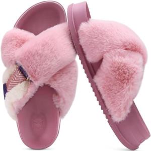 imageKuaiLu Womens Fuzzy Cross Band Platform Slippers Comfortable Faux Fur Open Toe Arch Support Slides Slippers for Indoor OutdoorPink