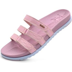 imageKuaiLu Womens Orthotic Slides Comfort Plantar Fasciitis Arch Support Slip on Sandals Ladies Soft Cushion Lightweight Fashion Flat Sandals with Adjustable StrapsPink