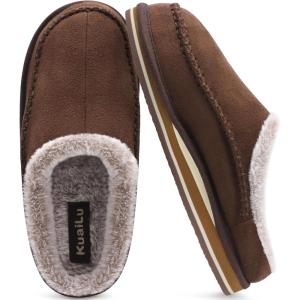 imageKuaiLu Mens Clog Slippers with Arch Support Suede Faux Fur Memory Foam Warm House Shoes Comfortable Slipon Mans Bedroom Indoor Outdoor Slippers Rubber Sole Size 716Brown