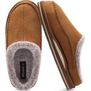 imageKuaiLu Mens Clog Slippers with Arch Support Suede Faux Fur Memory Foam Warm House Shoes Comfortable Slipon Mans Bedroom Indoor Outdoor Slippers Rubber Sole Size 716Khaki
