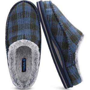 imageKuaiLu Mens Clog Slippers with Arch Support Suede Faux Fur Memory Foam Warm House Shoes Comfortable Slipon Mans Bedroom Indoor Outdoor Slippers Rubber Sole Size 716Darkbule Plaid