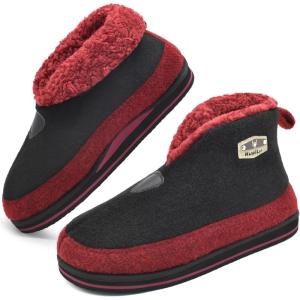 imageKuaiLu Mens Winter Slippers Memory Foam Slipper Boots for Men Cozy Felt Wool House Booties with Warm Sherpa Plush Lining Nonslip Rubber Sole Indoor Outdoor 714Blackred