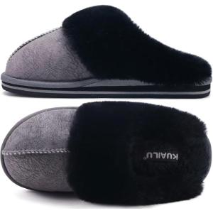 imageKuaiLu Womens Fluff Dual Memory Foam Slippers Ladies Cozy Arch Support Warm Scuff Slippers Slip on Comfy Winter House Shoes with NonSlip Indoor Outdoor Hard SoleBlack