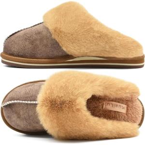 imageKuaiLu Womens Fluff Dual Memory Foam Slippers Ladies Cozy Arch Support Warm Scuff Slippers Slip on Comfy Winter House Shoes with NonSlip Indoor Outdoor Hard SoleBrown