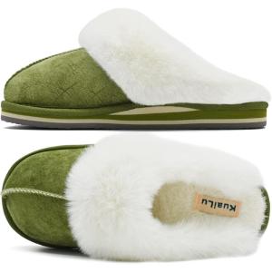 imageKuaiLu Womens Fluff Dual Memory Foam Slippers Ladies Cozy Arch Support Warm Scuff Slippers Slip on Comfy Winter House Shoes with NonSlip Indoor Outdoor Hard SoleGreen