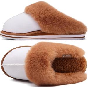 imageKuaiLu Womens Fluff Dual Memory Foam Slippers Ladies Cozy Arch Support Warm Scuff Slippers Slip on Comfy Winter House Shoes with NonSlip Indoor Outdoor Hard SoleWhite Khaki