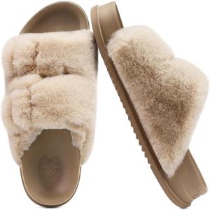 imageKuaiLu Womens Fluff Slippers Plantar Fasciitis Arch Support Platform Slippers Ladies Fashion Open Toe Faux Fur Sliders Womens House Slipper Size 612Beige