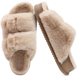 imageKuaiLu Womens Fluff Slippers Plantar Fasciitis Arch Support Platform Slippers Ladies Fashion Open Toe Faux Fur Sliders Womens House Slipper Size 612Beige Plushorder One Size Up