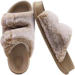 imageKuaiLu Womens Fluff Slippers Plantar Fasciitis Arch Support Platform Slippers Ladies Fashion Open Toe Faux Fur Sliders Womens House Slipper Size 612Camel Brown