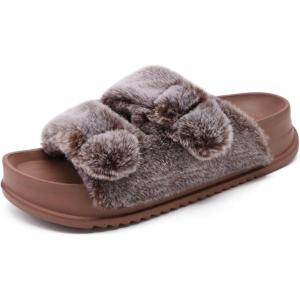 imageKuaiLu Womens Fluff Slippers Plantar Fasciitis Arch Support Platform Slippers Ladies Fashion Open Toe Faux Fur Sliders Womens House Slipper Size 612Coffee Brown