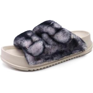 imageKuaiLu Womens Fluff Slippers Plantar Fasciitis Arch Support Platform Slippers Ladies Fashion Open Toe Faux Fur Sliders Womens House Slipper Size 612Husky Black