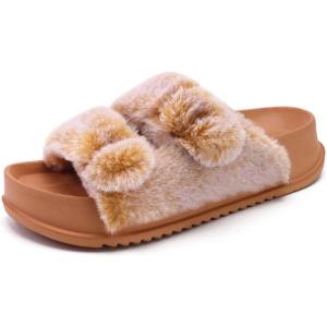 imageKuaiLu Womens Fluff Slippers Plantar Fasciitis Arch Support Platform Slippers Ladies Fashion Open Toe Faux Fur Sliders Womens House Slipper Size 612Khaki
