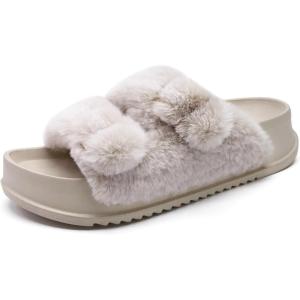 imageKuaiLu Womens Fluff Slippers Plantar Fasciitis Arch Support Platform Slippers Ladies Fashion Open Toe Faux Fur Sliders Womens House Slipper Size 612Snow White