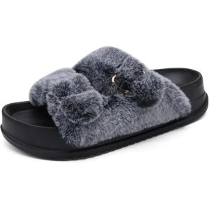 imageKuaiLu Womens Fluff Slippers Plantar Fasciitis Arch Support Platform Slippers Ladies Fashion Open Toe Faux Fur Sliders Womens House Slipper Size 612Trendy Black