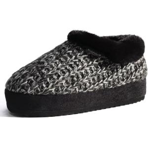 imageKuaiLu Womens House Platform Slippers Cozy Fuzzy Plush Knit Slipper Ladies Warm Fur Lined Winter Slip On Home Bedroom Thick Cushion Shoes Indoor Outdoor Hard SoleBlack