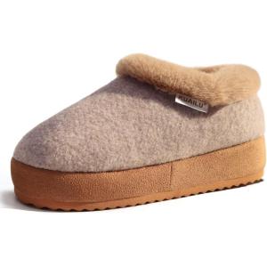 imageKuaiLu Womens House Platform Slippers Cozy Fuzzy Plush Knit Slipper Ladies Warm Fur Lined Winter Slip On Home Bedroom Thick Cushion Shoes Indoor Outdoor Hard SoleKhaki
