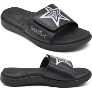 imageKuaiLu Mens Slides Soft Cushion Sport Sandals with Plantar Fasciitis Arch Support Adjustable Open Toe Summer Slippers Slip on Indoor Outdoor Size 715Black