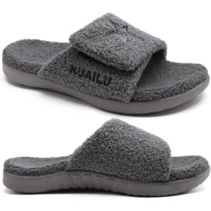 imageKuaiLu Mens Slides Soft Cushion Sport Sandals with Plantar Fasciitis Arch Support Adjustable Open Toe Summer Slippers Slip on Indoor Outdoor Size 715Fur Grey