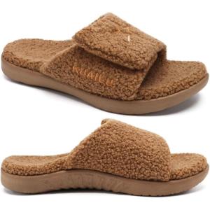 imageKuaiLu Mens Slides Soft Cushion Sport Sandals with Plantar Fasciitis Arch Support Adjustable Open Toe Summer Slippers Slip on Indoor Outdoor Size 715Fur Khaki