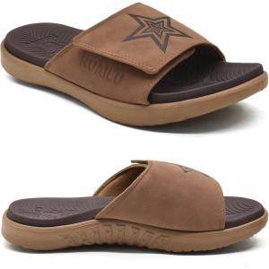imageKuaiLu Mens Slides Soft Cushion Sport Sandals with Plantar Fasciitis Arch Support Adjustable Open Toe Summer Slippers Slip on Indoor Outdoor Size 715Khaki Brown