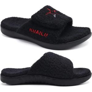 imageKuaiLu Mens Slides Soft Cushion Sport Sandals with Plantar Fasciitis Arch Support Adjustable Open Toe Summer Slippers Slip on Indoor Outdoor Size 715Plush Black