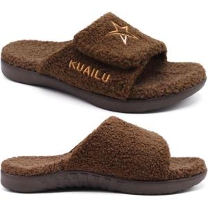 imageKuaiLu Mens Slides Soft Cushion Sport Sandals with Plantar Fasciitis Arch Support Adjustable Open Toe Summer Slippers Slip on Indoor Outdoor Size 715Plush Brown