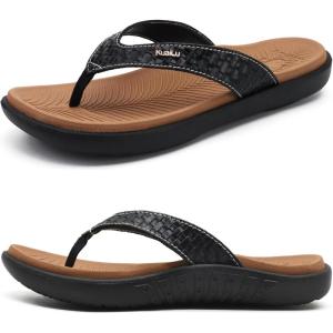 imageKuaiLu Womens Flip Flops Ladies Yoga Mat Comfortable Walking Thong Sandals With Plantar Fasciitis Arch Support Slip On Indoor Outdoor For SummerKhaki Black