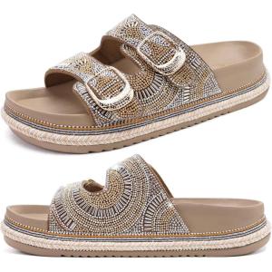 imageKuaiLu Womens Glitter Sandals with Arch Support Comfortable Orthopedic Cushion Recovery Slides Summer Fashion Sparkly Rhinestones Sandals Slip On Plantar Fasciitis Slippers for Indoor OutdoorBeige