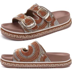 imageKuaiLu Womens Glitter Sandals with Arch Support Comfortable Orthopedic Cushion Recovery Slides Summer Fashion Sparkly Rhinestones Sandals Slip On Plantar Fasciitis Slippers for Indoor OutdoorBrown
