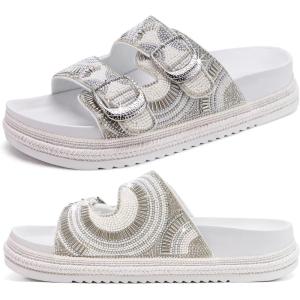 imageKuaiLu Womens Glitter Sandals with Arch Support Comfortable Orthopedic Cushion Recovery Slides Summer Fashion Sparkly Rhinestones Sandals Slip On Plantar Fasciitis Slippers for Indoor OutdoorWhite