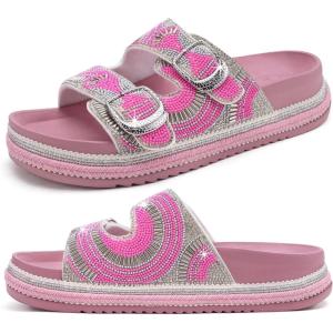 imageKuaiLu Womens Glitter Sandals with Arch Support Comfortable Orthopedic Cushion Recovery Slides Summer Fashion Sparkly Rhinestones Sandals Slip On Plantar Fasciitis Slippers for Indoor OutdoorPink