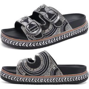 imageKuaiLu Womens Glitter Sandals with Arch Support Comfortable Orthopedic Cushion Recovery Slides Summer Fashion Sparkly Rhinestones Sandals Slip On Plantar Fasciitis Slippers for Indoor OutdoorAll Black
