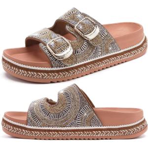 imageKuaiLu Womens Glitter Sandals with Arch Support Comfortable Orthopedic Cushion Recovery Slides Summer Fashion Sparkly Rhinestones Sandals Slip On Plantar Fasciitis Slippers for Indoor OutdoorKhaki