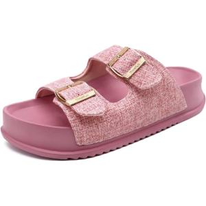 imageKuaiLu Womens Sandals with Arch Support Comfortable Orthopedic Cushion Recovery Slides Summer Fashion Leather Double Buckle Casual Slip On Plantar Fasciitis Shoes for IndoorampampOutdoor US Size 612Pink
