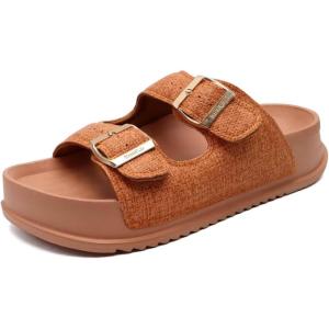 imageKuaiLu Womens Sandals with Arch Support Comfortable Orthopedic Cushion Recovery Slides Summer Fashion Leather Double Buckle Casual Slip On Plantar Fasciitis Shoes for IndoorampampOutdoor US Size 612Khaki