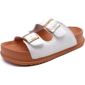 imageKuaiLu Womens Sandals with Arch Support Comfortable Orthopedic Cushion Recovery Slides Summer Fashion Leather Double Buckle Casual Slip On Plantar Fasciitis Shoes for IndoorampampOutdoor US Size 612White Khaki