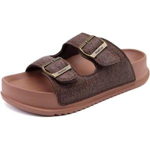 imageKuaiLu Womens Sandals with Arch Support Comfortable Orthopedic Cushion Recovery Slides Summer Fashion Leather Double Buckle Casual Slip On Plantar Fasciitis Shoes for IndoorampampOutdoor US Size 612Brown