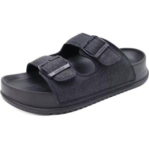 imageKuaiLu Womens Sandals with Arch Support Comfortable Orthopedic Cushion Recovery Slides Summer Fashion Leather Double Buckle Casual Slip On Plantar Fasciitis Shoes for IndoorampampOutdoor US Size 612Black