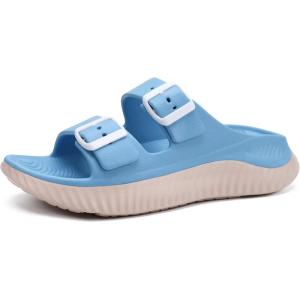imageKuaiLu Womens Recovery Sandals With Comfortable Plantar Fasciitis Arch Support Orthotic Adjustable Thick Cushion Sport Slides Reduces Stress on Feet Joints ampamp Back PostExerciseBlue White