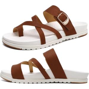 imageKuaiLu Womens Orthopedic Sandals With Comfortable Arch Support Cushion Yoga Mat Slides Fashion Summer Beach Flat Sandles Adjustable Open Toe Travel Outdoor Plantar Fasciitis Flip Flops US Size 511Tan White