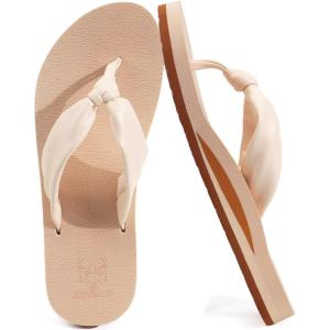 imageKuaiLu Womens Flip Flops With Arch Support Comfortable Yoga Mat Cushion Thong Leather Sandals for Ladies Fashion Slip On Summer Beach Walking Slides Indoor Outdoor Travel Orthotic SlippersBeige