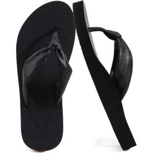 imageKuaiLu Womens Flip Flops With Arch Support Comfortable Yoga Mat Cushion Thong Leather Sandals for Ladies Fashion Slip On Summer Beach Walking Slides Indoor Outdoor Travel Orthotic SlippersBlack