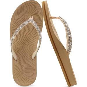 imageKuaiLu Womens Rhinestone Flip Flops with Comfort Arch Support Yoga Mat Cushion Sandals Fashion Summer Beach Travel Orthotic Walking Thong Sandles Slip on Plantar Fasciitis Indoor Outdoor ShoesBeige