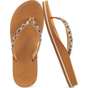 imageKuaiLu Womens Rhinestone Flip Flops with Comfort Arch Support Yoga Mat Cushion Sandals Fashion Summer Beach Travel Orthotic Walking Thong Sandles Slip on Plantar Fasciitis Indoor Outdoor ShoesKhaki