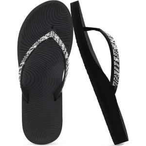 imageKuaiLu Womens Rhinestone Flip Flops with Comfort Arch Support Yoga Mat Cushion Sandals Fashion Summer Beach Travel Orthotic Walking Thong Sandles Slip on Plantar Fasciitis Indoor Outdoor ShoesBlack