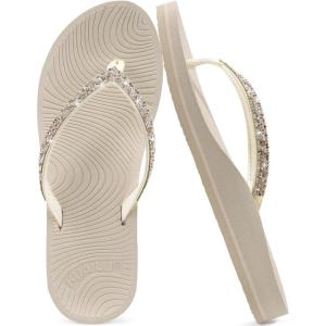 imageKuaiLu Womens Rhinestone Flip Flops with Comfort Arch Support Yoga Mat Cushion Sandals Fashion Summer Beach Travel Orthotic Walking Thong Sandles Slip on Plantar Fasciitis Indoor Outdoor ShoesBeige White