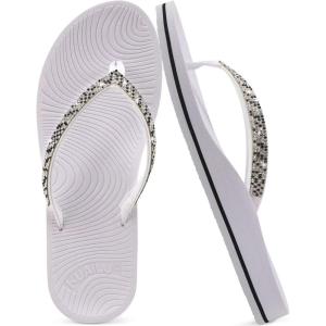 imageKuaiLu Womens Rhinestone Flip Flops with Comfort Arch Support Yoga Mat Cushion Sandals Fashion Summer Beach Travel Orthotic Walking Thong Sandles Slip on Plantar Fasciitis Indoor Outdoor ShoesSilver White