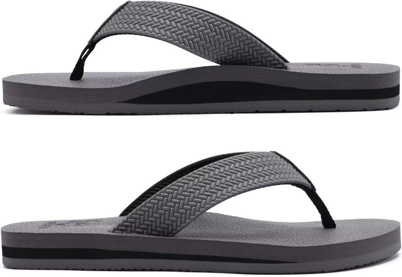 imageKuaiLu Mens Leather Flip Flops Arch Support Summer Beach Pool Water Thong Sandals Waterproof Rubber Walking Shoes Slip on Orthotic Casual Sport Cushioned Wide Slides Shower Slippers Grey Size 7